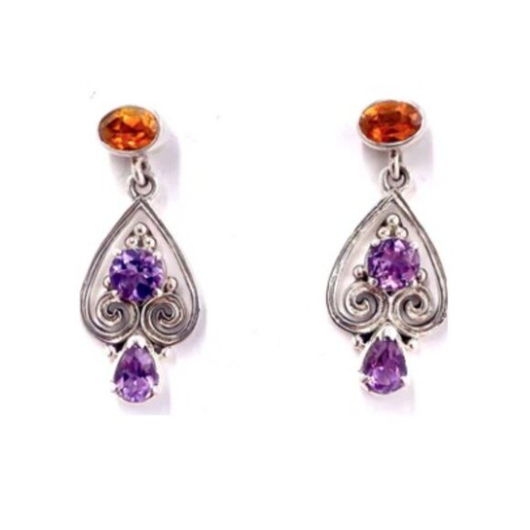 Nicky Butler Sterling Silver Amethyst Topaz Multi Gem Scroll Heart Drop Earrings - Picture 10 of 10
